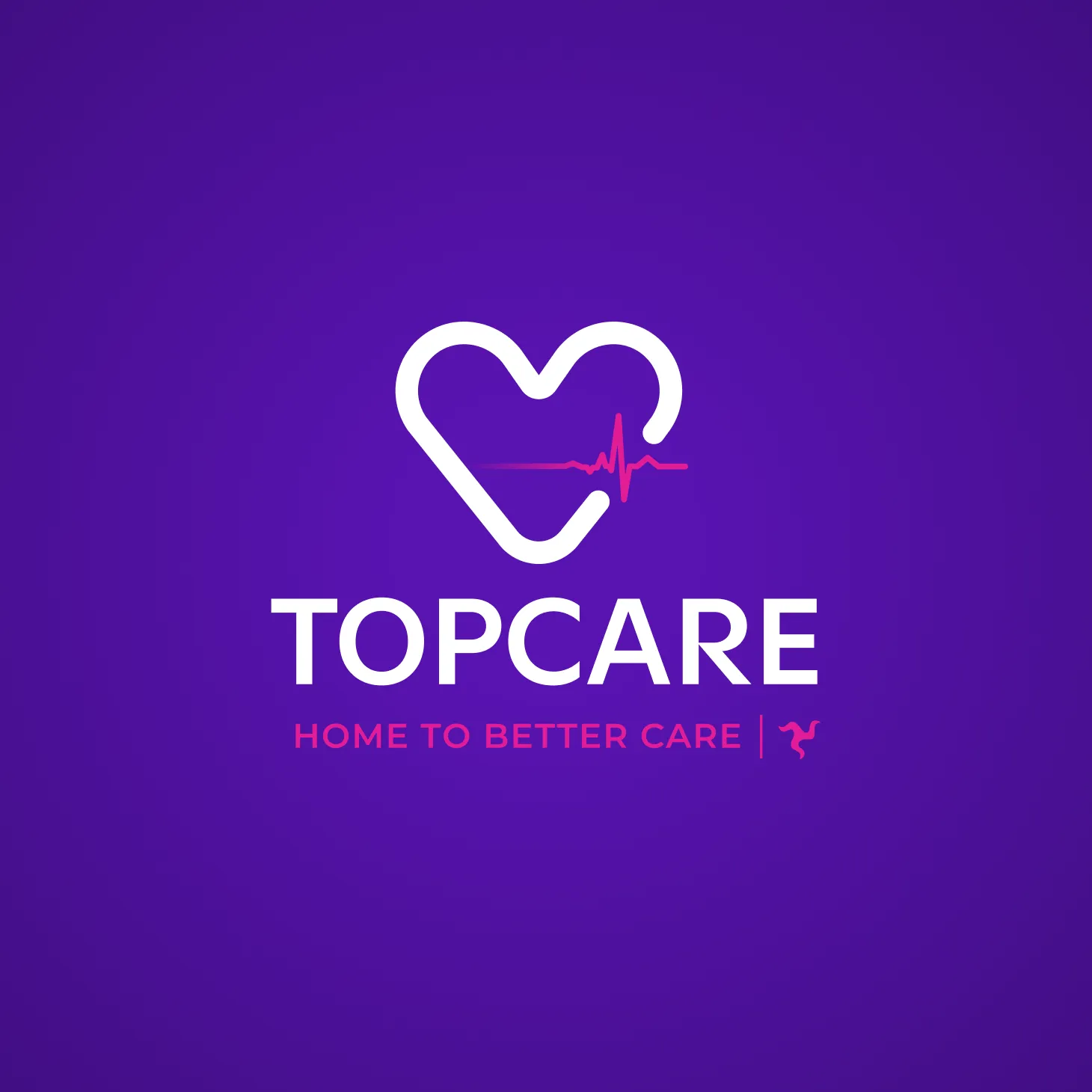 Topcare healthcare logo featuring white heart with ECG pulse line and tagline "Home to Better Care" on a purple background